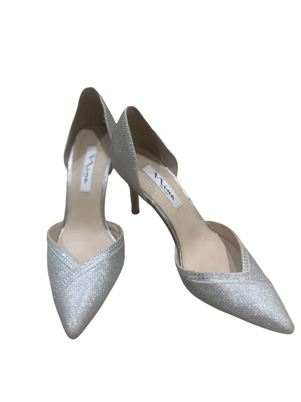 Nina Silver sparkled D'Orsay Pointed Toe Heels leather sole size 8.5